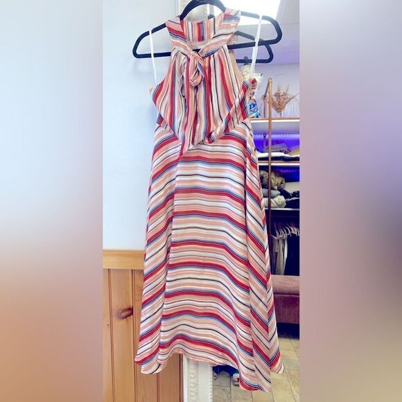 NWT FOXIEDOX Multi Color Metallic Striped Tie-neck Fit & Flare Dress Sz S - Picture 2 of 10